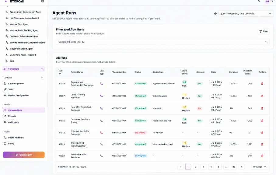 Call runs / analytics view